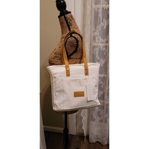 New Cozy Earth Natural Lined White Zippered Canvas Tote Bag Purse 12"x11.5"